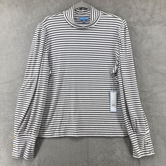 Draper James Top Womens XXL White Black Striped Mock Neck Long Puff Sleeve New - Picture 1 of 16
